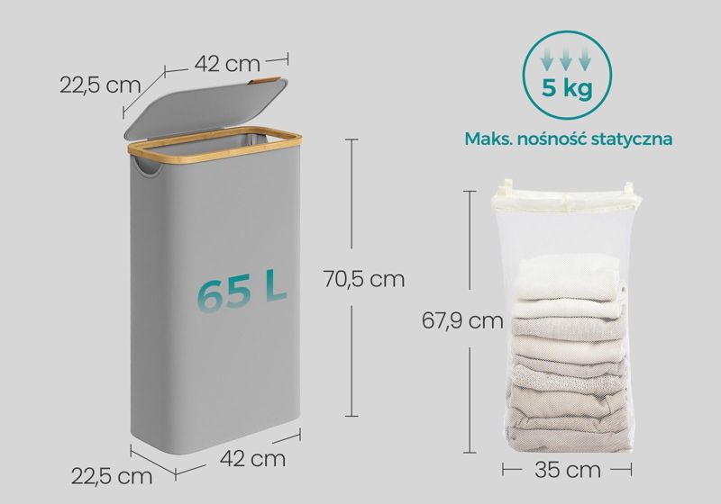 Vasketøjskurv 65 L Grå med Bambushåndtag 42 x 22,5 x 70,5 cm | 0194343149790