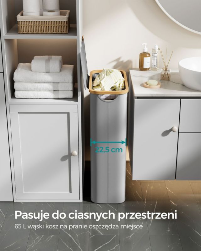 Vasketøjskurv 65 L Grå med Bambushåndtag 42 x 22,5 x 70,5 cm | 0194343149790
