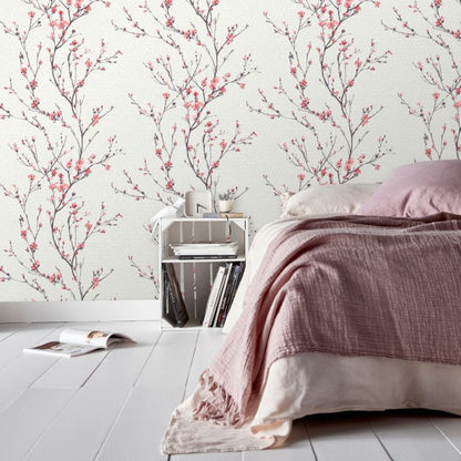 Vinyltapet på nonwoven GoodHome Teff med lyserøde blomster