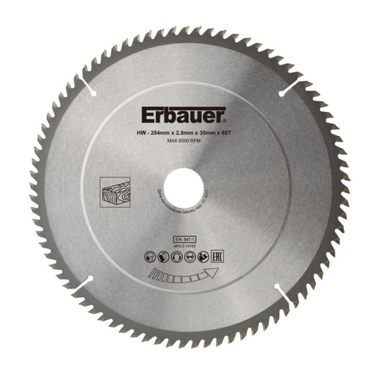 Erbauer træcirkelsavklinge 254 x 30/25/20/16 mm 80T