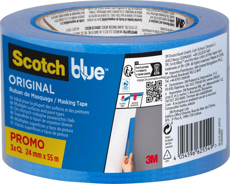 Scotchblue universal malertape 24 mm x 55 m, 3 stk.