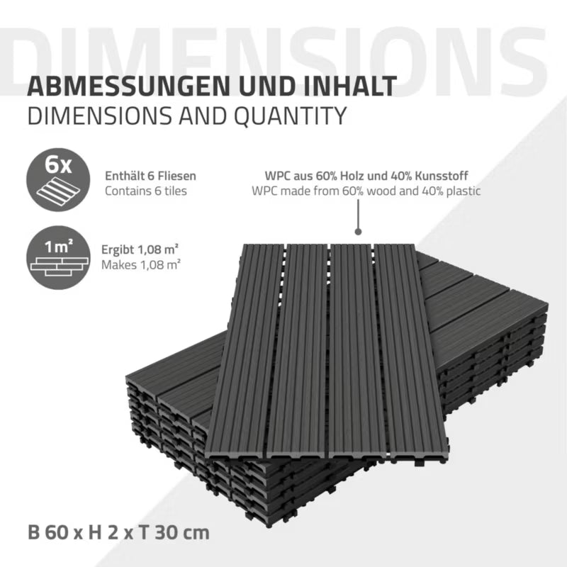 WPC Terrassefliser 60x30 cm Antracit 1 m²