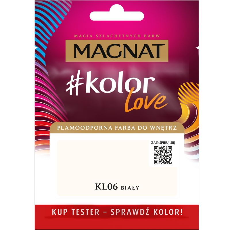 Tester af pletresistent maling Magnat #kolorLove KL06 hvid 0,025 l