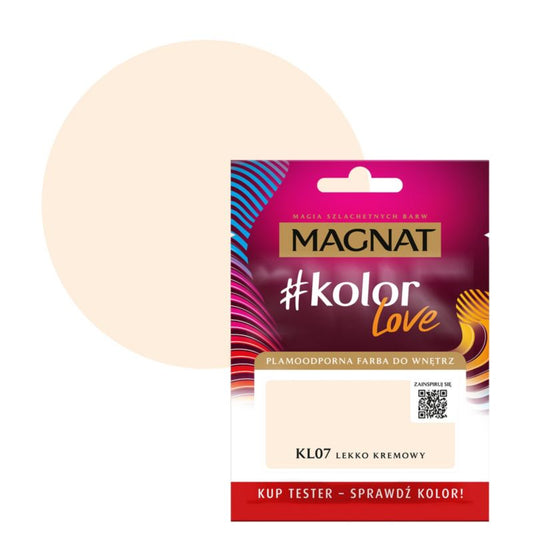 Tester af pletresistent maling Magnat #kolorLove KL07 let cremet 0,025 l