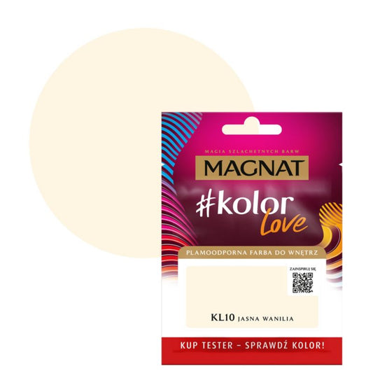 Tester af pletbestandig maling Magnat #kolorLove KL10 lys vanilje 0,025 l