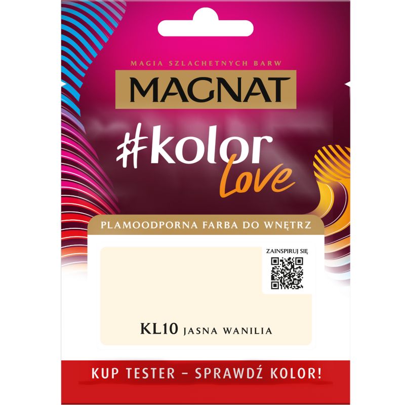 Tester af pletbestandig maling Magnat #kolorLove KL10 lys vanilje 0,025 l