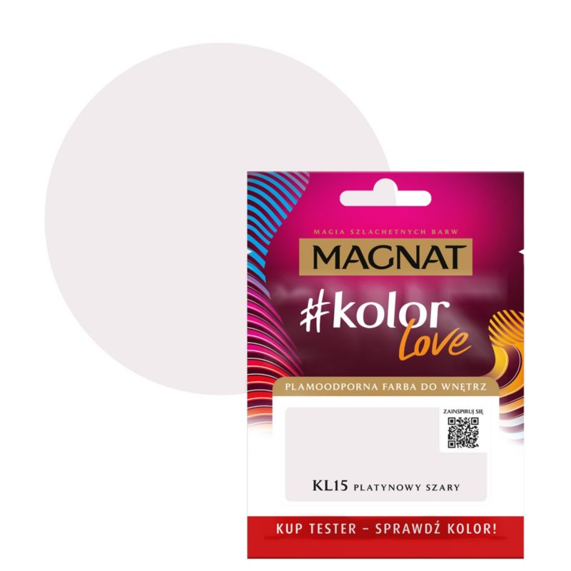 Tester af pletresistent maling Magnat #kolorLove KL15 platingrå 0,025 l
