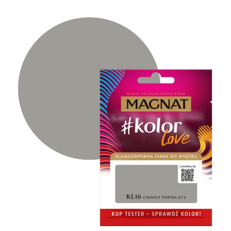 Tester af pletresistent maling Magnat #kolorLove KL16 mørk grå 0,025 l