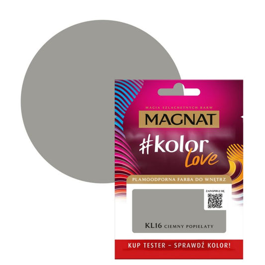 Tester af pletresistent maling Magnat #kolorLove KL16 mørk grå 0,025 l