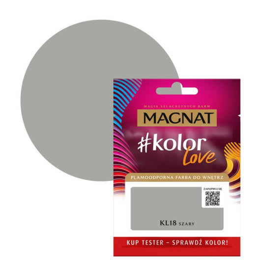 Tester af pletresistent maling Magnat #kolorLove KL18 grå 0,025 l
