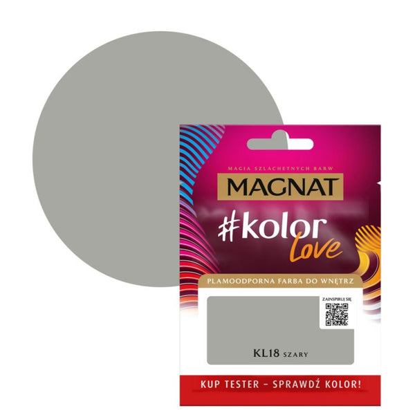 Tester af pletresistent maling Magnat #kolorLove KL18 grå 0,025 l