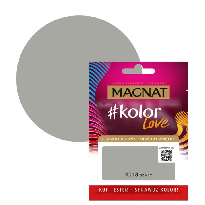 Tester af pletresistent maling Magnat #kolorLove KL18 grå 0,025 l