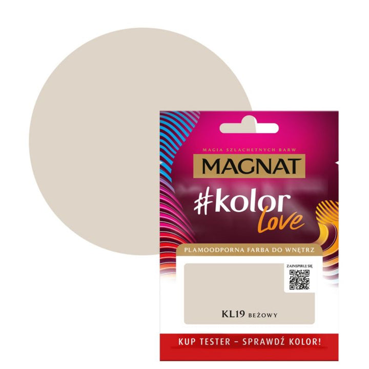 Tester af pletresistent maling Magnat #kolorLove KL19 beige 0,025 l
