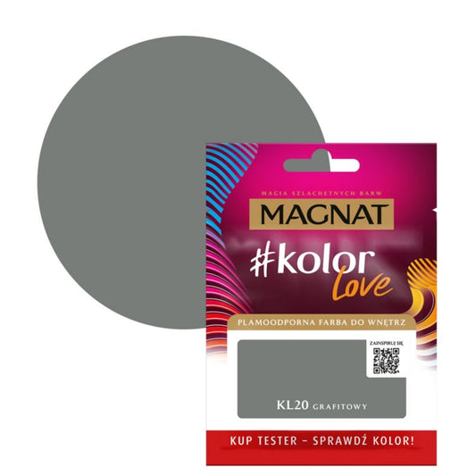 Tester af pletresistent maling Magnat #kolorLove KL20 grafit 0,025 l