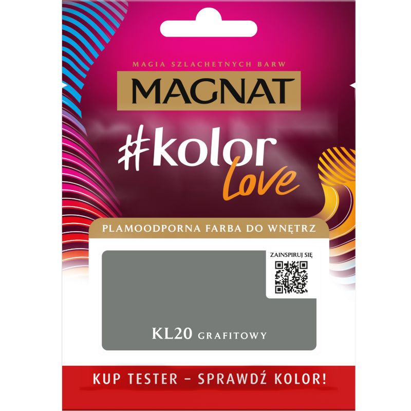 Tester af pletresistent maling Magnat #kolorLove KL20 grafit 0,025 l