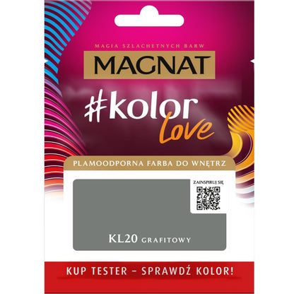 Tester af pletresistent maling Magnat #kolorLove KL20 grafit 0,025 l