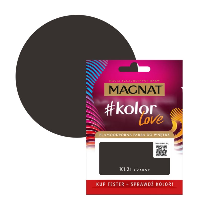 Tester af pletresistent maling Magnat #kolorLove KL21 sort 0,025 l