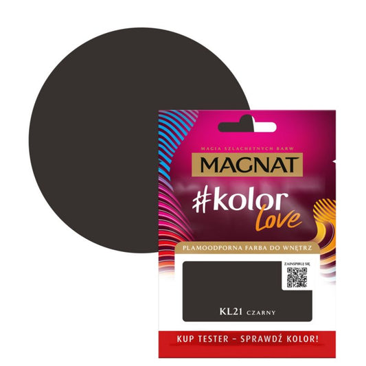 Tester af pletresistent maling Magnat #kolorLove KL21 sort 0,025 l