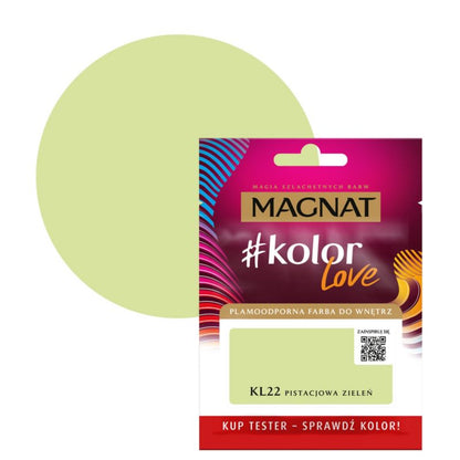 Tester af pletresistent maling Magnat #kolorLove KL22 pistaciegrøn 0,025 l