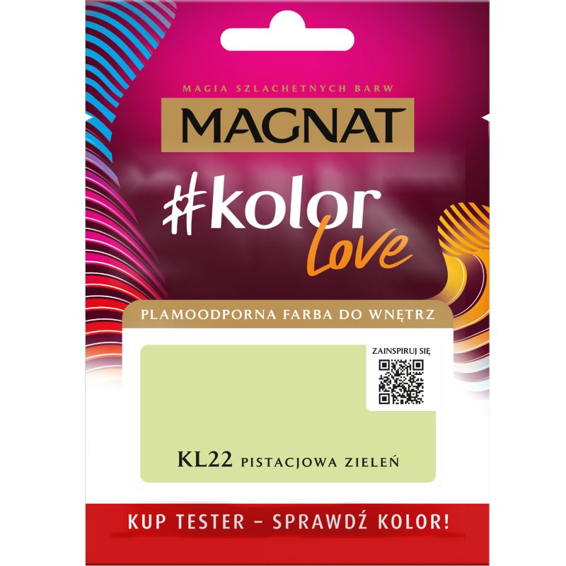 Tester af pletresistent maling Magnat #kolorLove KL22 pistaciegrøn 0,025 l