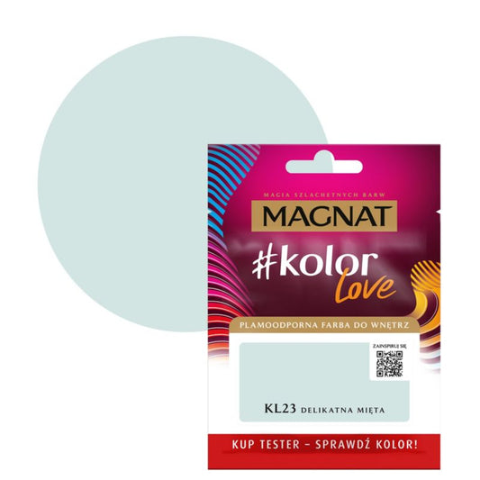 Tester af pletresistent maling Magnat #kolorLove KL23 blid mint 0,025 l