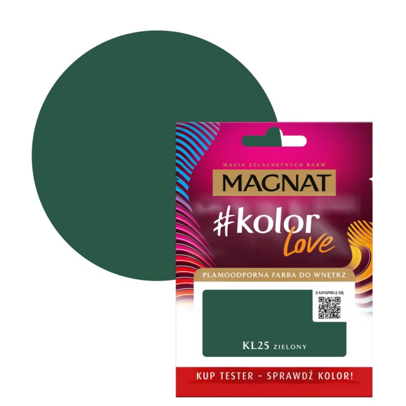 Tester af pletresistent maling Magnat #kolorLove KL25 grøn 0,025 l