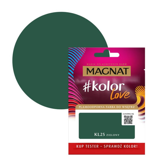 Tester af pletresistent maling Magnat #kolorLove KL25 grøn 0,025 l