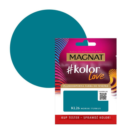 Tester af pletafvisende maling Magnat #kolorLove KL26 havturkis 0,025 l