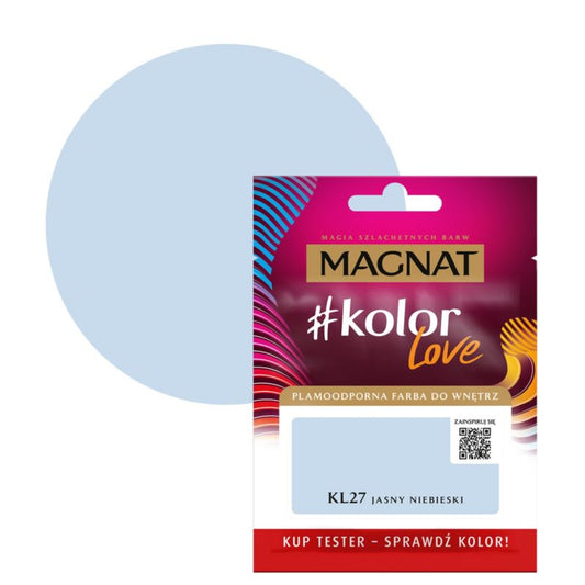 Tester af pletresistent maling Magnat #kolorLove KL27 lys blå 0,025 l