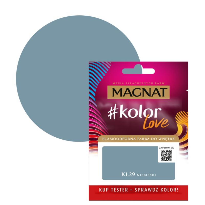 Tester af pletresistent maling Magnat #kolorLove KL29 blå 0,025 l