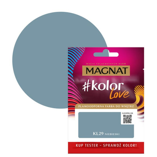 Tester af pletresistent maling Magnat #kolorLove KL29 blå 0,025 l