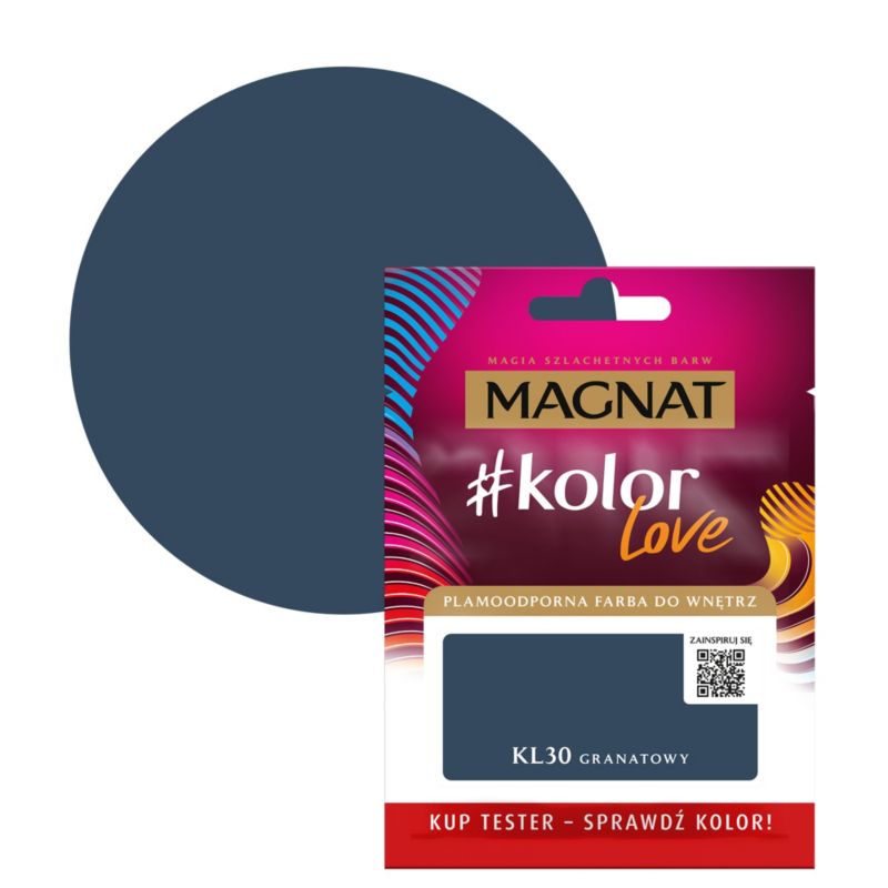 Tester af pletresistent maling Magnat #kolorLove KL30 marineblå 0,025 l