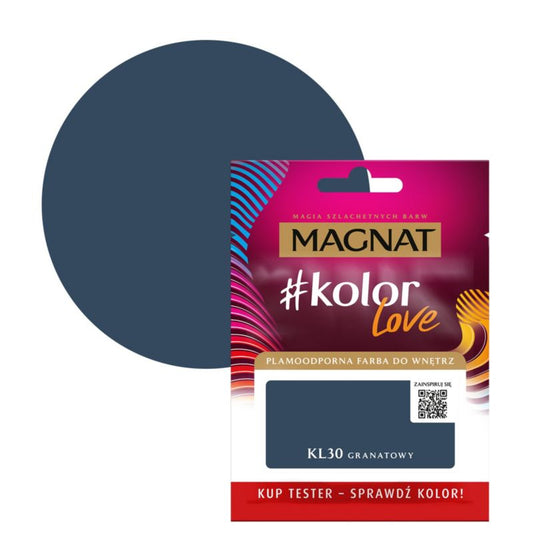 Tester af pletresistent maling Magnat #kolorLove KL30 marineblå 0,025 l