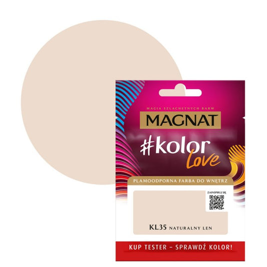 Tester af pletresistent maling Magnat #kolorLove KL35 naturlig hør 0,025 l
