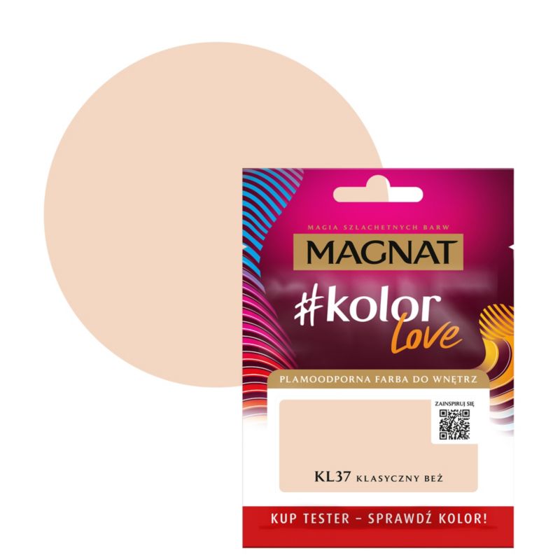 Tester af pletresistent maling Magnat #kolorLove KL37 klassisk beige 0,025 l