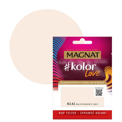 Tester af pletresistent maling Magnat #kolorLove KL42 muffin-beige 25 ml