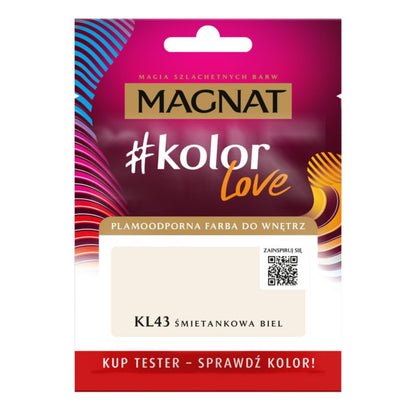 Tester af pletresistent maling Magnat #kolorLove KL43 cremet hvid 25 ml