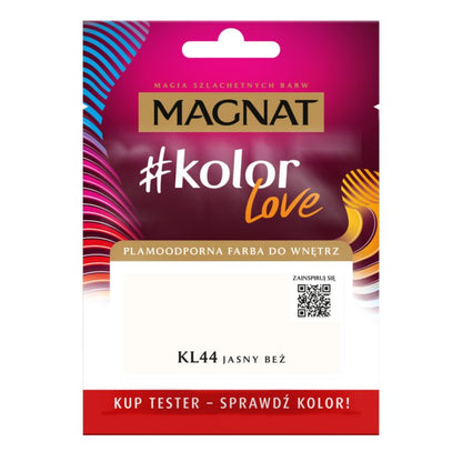 Tester af pletresistent maling Magnat #kolorLove KL44 lys beige 25 ml