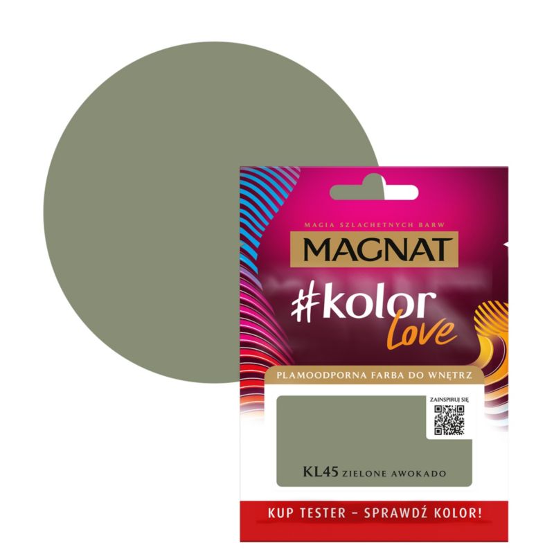 Tester af pletresistent maling Magnat #kolorLove KL45 grøn avocado 25 ml