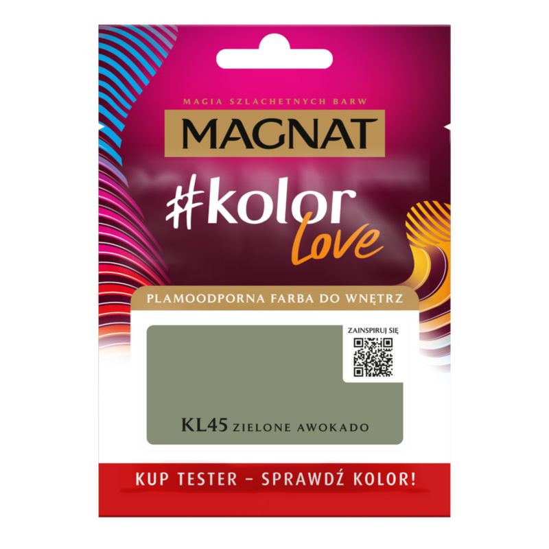 Tester af pletresistent maling Magnat #kolorLove KL45 grøn avocado 25 ml