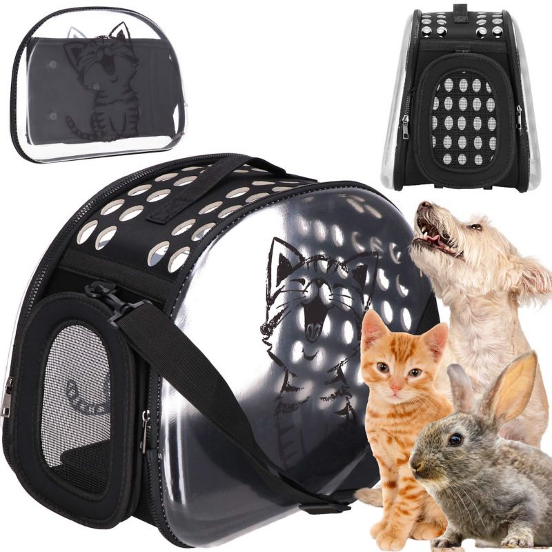 Transporttaske til kat og hund Springos 42 x 26 x 32 cm, belastning op til 10 kg, ventileret transportør, sort/transparent, 1 stk.