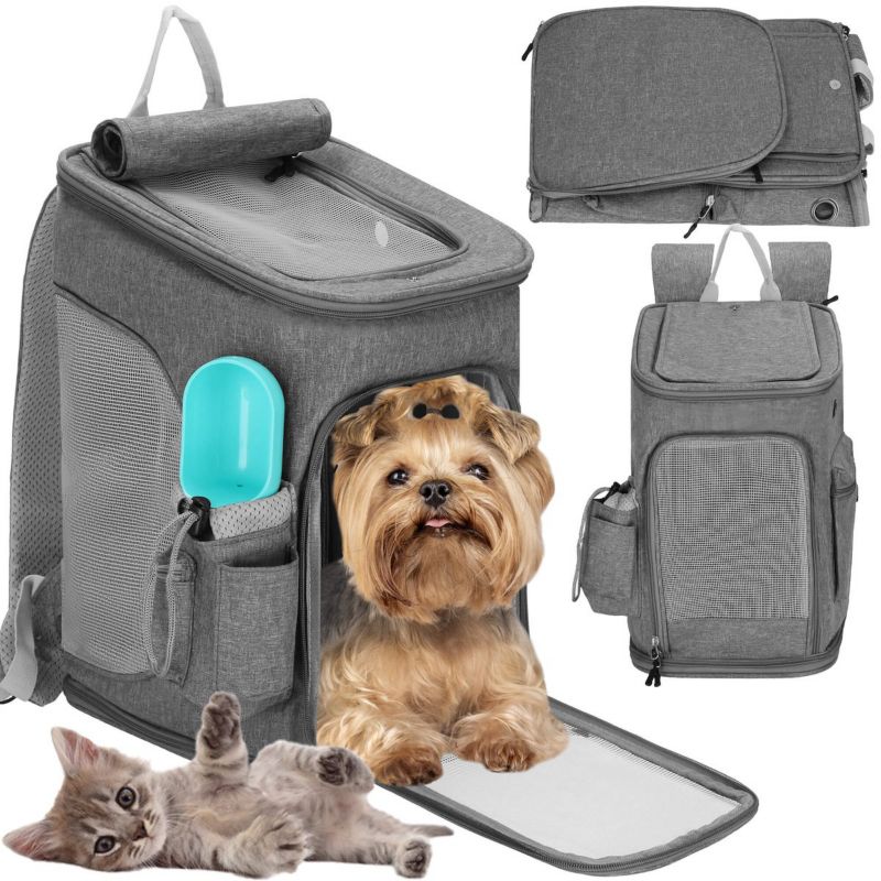 Transporttaske til hund og kat, Springos rejserygsæk til kæledyr 39 x 28 x 27 cm grå 1 stk.