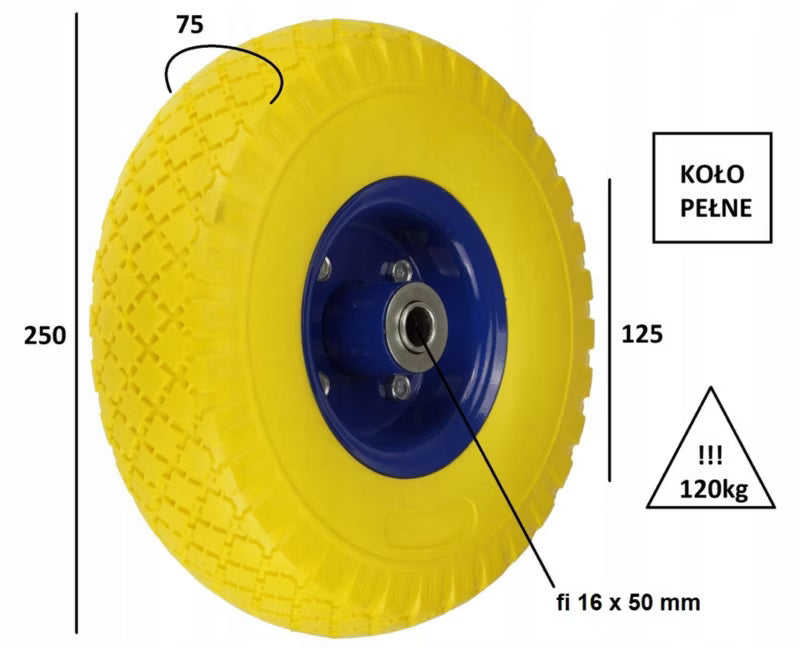 Trillebørshjul 250x75 mm Punkterfrit PU Aksel 16 mm
