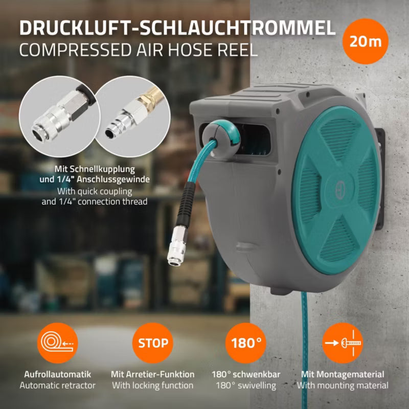 Trykluftslangeopruller Automatisk 20 m Grå