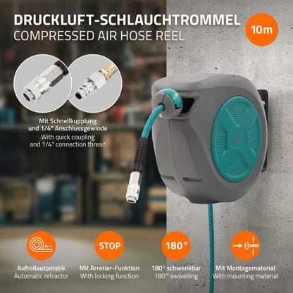 Trykluftslangerulle Automatisk 10 m Grå