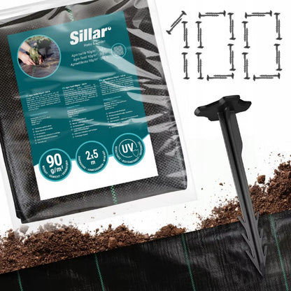 Ukrudtsdug 2x5 m 90g/m² Sort med 100 Jordspyd