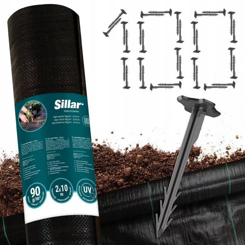 Ukrudtsdug 90g/m² 2x10 m Sort med Jordspyd