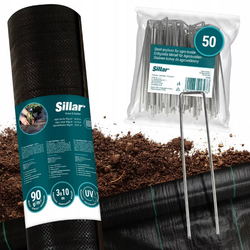 Ukrudtsdug 90g/m² 3x10 m Sort med 50 Jordspyd