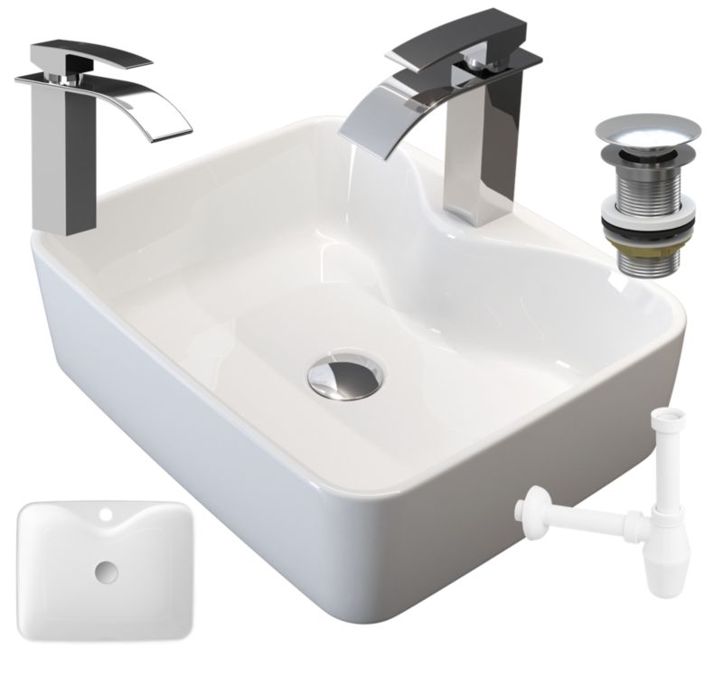 Ceramisk bordvask Avola med armatur og klik-klak bundventil, 1 sæt