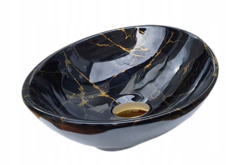 Oval Bordvask Sort med Guldårer 41,5x34x14 cm